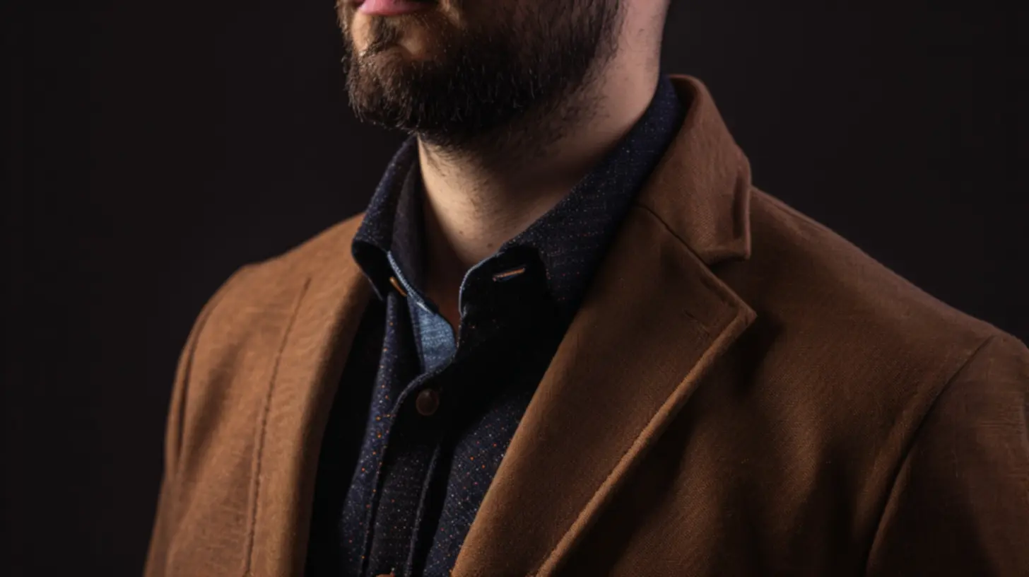 Um homem de jaqueta marrom e barba foi flagrado no outlet de roupas multimarcas.