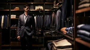 Um homem de terno em pé em uma saída de roupas.