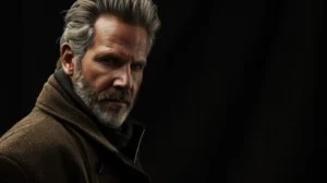 Um homem de casaco marrom e cabelos grisalhos andando por uma loja de roupas multimarcas.