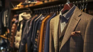 Ternos masculinos pendurados em uma prateleira em uma loja outlet.