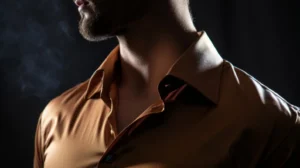 Um homem com uma camisa laranja posa contra um fundo preto.