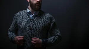 Um homem com barba e um suéter posa contra um fundo preto.