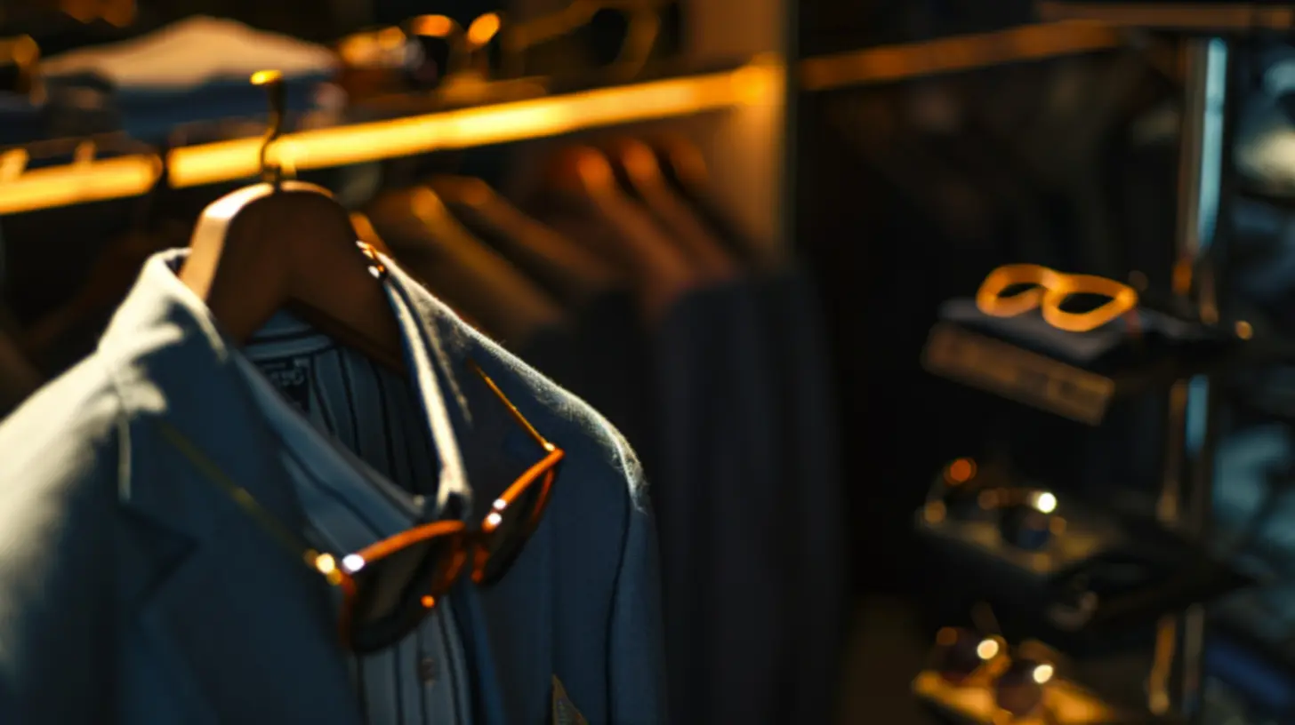 Um terno pendura em um cabide em uma loja de roupas.