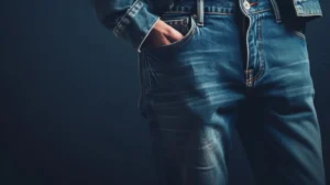 Homem de jaqueta jeans azul, com as mãos nos bolsos, flagrado no outlet de roupas multimarcas.