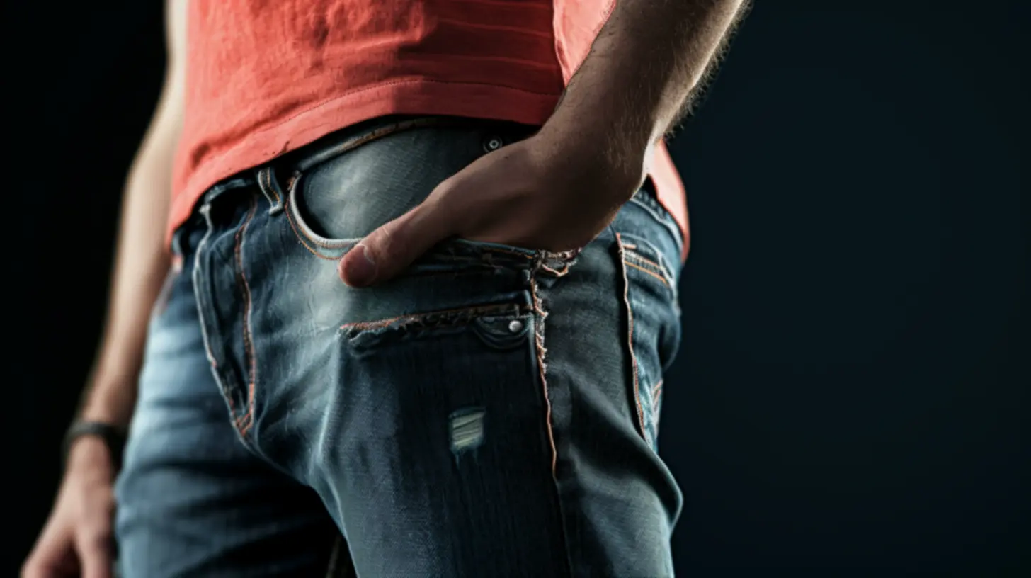 Homem de jeans com bolso aberto sobre fundo escuro em outlet de roupas.
