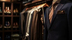 Manequim de terno e gravata é exposto no outlet de roupas multimarcas.