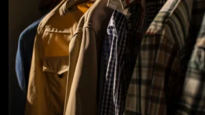 Uma fileira de roupas em cabines em uma sala escura.