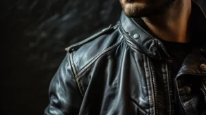 Um homem vestindo uma jaqueta de couro preta em uma loja outlet de roupas multimarcas.