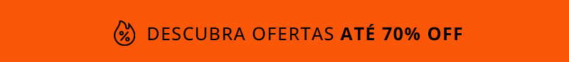 Banner laranja com ícone de gota e texto preto: "Descubra ofertas até 70% off" em negrito.