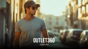 Homem de óculos escuros e boné caminha por uma rua ensolarada, vestindo uma camisa cinza. O texto diz "OUTLET360.com.br.