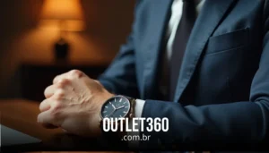 Uma pessoa de terno está sentada à mesa com as mãos entrelaçadas, usando um relógio de pulso. O texto diz "OUTLET360.com.br". Uma lâmpada é visível no fundo desfocado.
