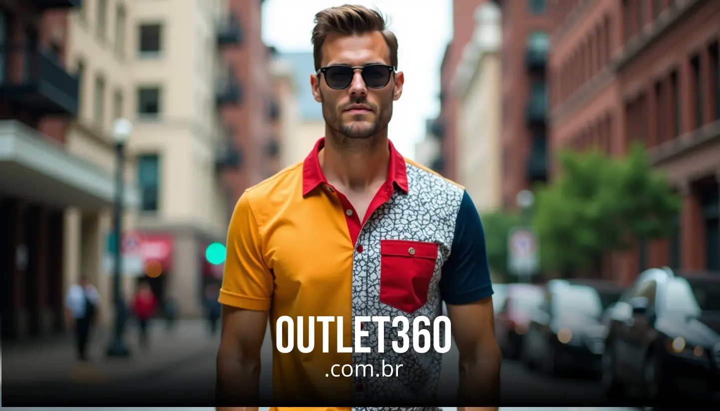 Homem de óculos escuros vestindo uma camisa polo multicolorida está confiantemente em uma rua da cidade, com um fundo urbano desfocado. O texto na parte inferior diz "OUTLET360.com.br".