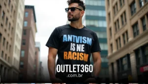 Homem usando óculos escuros e uma camiseta com o texto "ANTIVISMO É NE RACISMO", em pé em uma rua urbana. Prédios ao fundo. Sobreposição de texto: "OUTLET360.com.br.