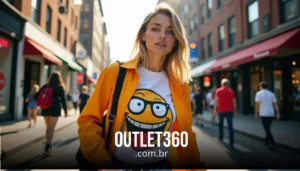 Mulher vestindo uma jaqueta amarela e uma camiseta com uma carinha sorridente em uma rua movimentada da cidade.