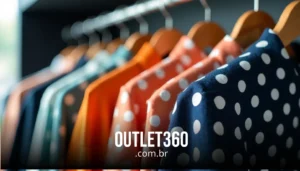Roupas em cabides com padrões coloridos de bolinhas. O texto diz "OUTLET360 .com.br".