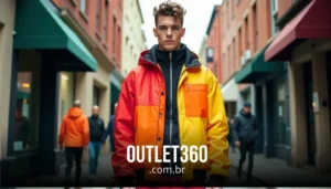 Uma pessoa com uma jaqueta amarela e laranja está em um beco com lojas. O texto diz "OUTLET360 .com.br.