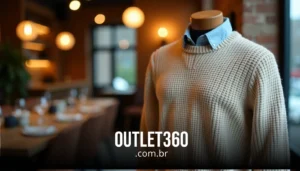 Manequim vestindo um suéter bege sobre uma camisa azul em um ambiente de restaurante com fundo desfocado. Sobreposição de texto: "OUTLET360.com.br".