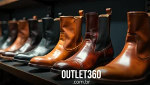 Uma fileira de botas de couro em vários tons de marrom e preto em exposição em uma loja, com o texto "OUTLET360.com.br" na parte inferior.