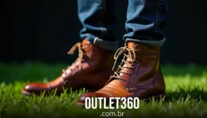 Botas de couro marrom com cadarços usadas por uma pessoa em pé na grama. O texto na parte inferior diz "OUTLET360.com.br".