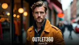 Um homem de jaqueta marrom está em uma rua da cidade perto de uma loja de roupas. O texto diz "OUTLET360.com.br.