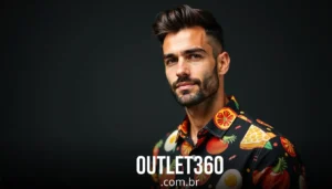 Uma pessoa com cabelo curto e barba, vestindo uma camisa preta com estampas coloridas de frutas e alimentos, está em frente a um fundo escuro. O texto na parte inferior diz "OUTLET360.com.br".