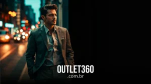 Um homem de terno está em uma rua da cidade ao anoitecer; o texto "OUTLET360.com.br" é exibido em um fundo preto ao lado dele.