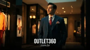 Um homem de terno azul está em uma loja de roupas de luxo bem iluminada. O texto na parte inferior diz "OUTLET360.com.br".