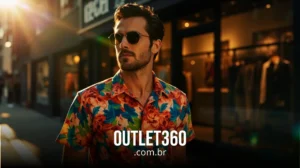 Homem usando óculos escuros e uma camisa floral colorida em uma rua da cidade perto de uma loja de roupas, com o texto "OUTLET360.com.br" na parte inferior.