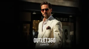 Homem de terno branco e óculos de sol do lado de fora de uma loja com o texto "OUTLET360.com.br" na parte inferior da imagem.