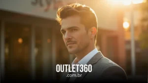 Um homem de terno está ao ar livre sob a luz quente do sol, com o texto "OUTLET360.com.br" exibido na parte inferior da imagem.
