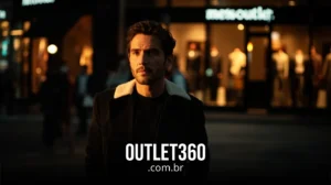 Um homem está ao ar livre, à noite, em frente à vitrine de uma loja de roupas. O texto na parte inferior diz "OUTLET360.com.br".