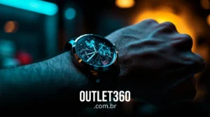 Um close-up de um pulso usando um relógio analógico preto com um mecanismo visível, com o texto "OUTLET360.com.br" abaixo.