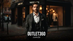 Um homem em um terno cinza está em uma rua da cidade em frente a uma loja de roupas, com o texto "OUTLET360.com.br" sobreposto na parte inferior.