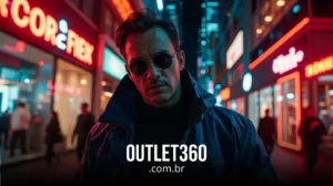 Um homem usando óculos escuros e uma jaqueta escura está em uma rua urbana iluminada por neon à noite. O texto na parte inferior diz "OUTLET360.com.br".