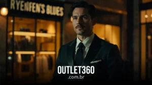 Um homem em um terno escuro está em frente a uma loja de roupas com prateleiras iluminadas, com o texto "OUTLET360.com.br" sobreposto na parte inferior.