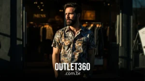 Um homem vestindo uma camisa estampada está em frente a uma loja de roupas com uma placa que diz "OUTLET360.com.br" na parte inferior da imagem.