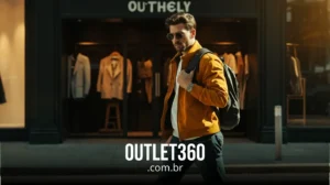Um homem usando óculos escuros e uma jaqueta amarela passa pela vitrine de uma loja de roupas. O texto "OUTLET360.com.br" está sobreposto na parte inferior da imagem.