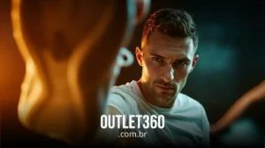 Um homem de camisa branca pratica artes marciais, concentrando-se atentamente enquanto bloqueia um chute. "OUTLET360.com.br" está escrito na parte inferior da imagem.