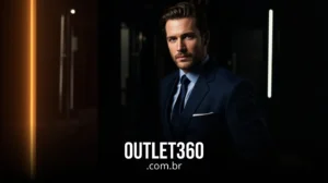 Um homem de terno azul-escuro e gravata está em pé contra um fundo escuro. O texto em branco na parte inferior diz "OUTLET360.com.br".