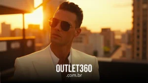 Um homem de terno branco e óculos escuros está em um telhado ao pôr do sol, com edifícios da cidade ao fundo. O texto diz "OUTLET360 .com.br".