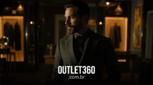 Um homem em um terno cinza está em uma sala mal iluminada com vitrines de roupas ao fundo. O texto "OUTLET360 .com.br" aparece na parte inferior.