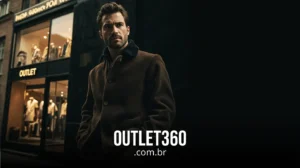 Um homem com um casaco marrom está do lado de fora de uma loja de roupas com manequins na vitrine. O texto "OUTLET360.com.br" aparece na parte inferior.