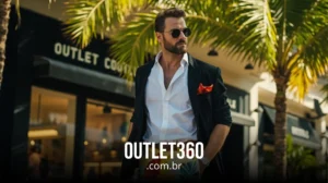 Um homem de camisa branca e jaqueta preta está ao ar livre em frente ao Outlet360, usando óculos escuros e um lenço de bolso laranja.