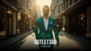 Um homem vestindo um terno verde com estampa tropical e óculos escuros caminha confiante por uma rua iluminada pelo sol. O texto "OUTLET360.com.br" é exibido na parte inferior.