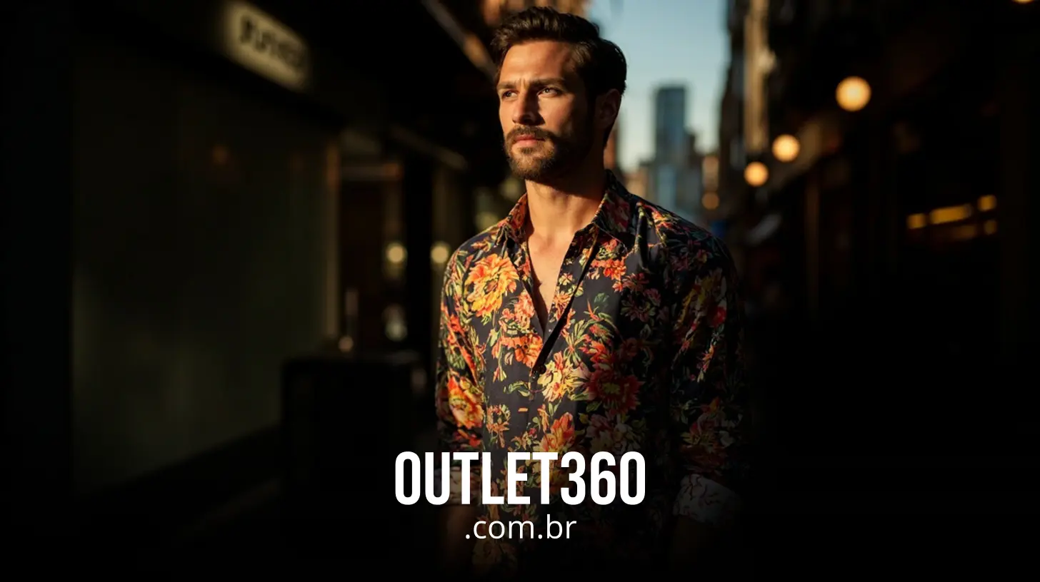 Um homem vestindo uma camisa floral colorida está em uma rua da cidade com o texto "OUTLET360.com.br" exibido na parte inferior.