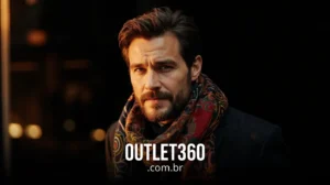 Um homem com barba e lenço estampado olha para a câmera contra um fundo escuro. O texto "OUTLET360.com.br" é exibido na parte inferior.