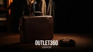 Uma pasta e uma alça de couro marrom são exibidas em uma superfície de madeira com um fundo escuro. O texto "OUTLET360.com.br" é exibido na parte inferior.