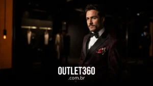 Um homem de terno escuro e gravata borboleta está em uma sala pouco iluminada com ternos ao fundo; o texto "OUTLET360.com.br" aparece na parte inferior.
