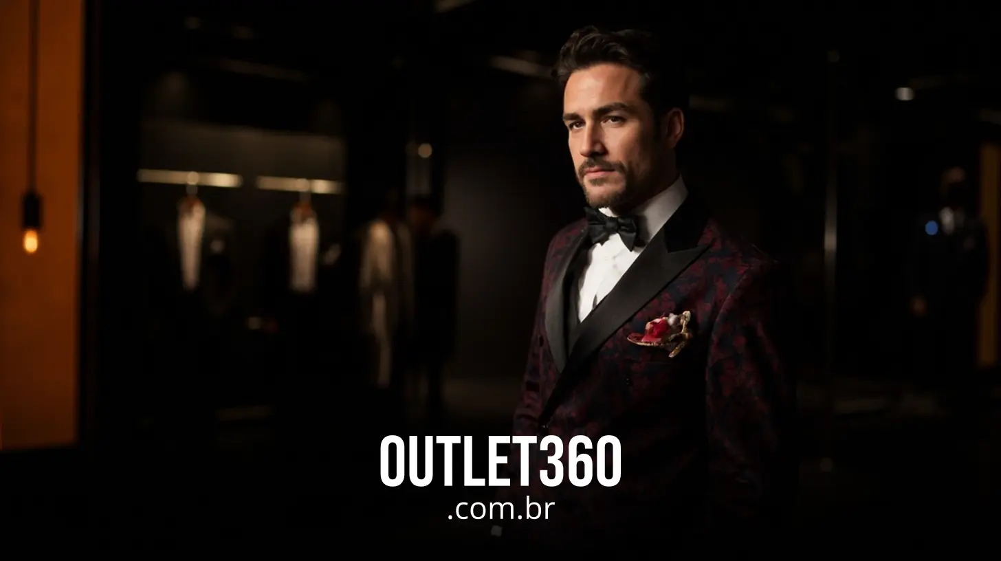 Um homem de terno escuro e gravata borboleta está em uma sala pouco iluminada com ternos ao fundo; o texto "OUTLET360.com.br" aparece na parte inferior.