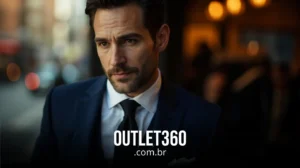 Um homem de terno escuro e gravata está do lado de fora em um ambiente urbano. O texto "OUTLET360.com.br" é exibido na parte inferior da imagem.